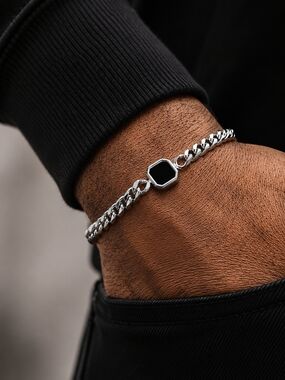 Cuban Link Chain Bracelet with Black Octagon Inlay